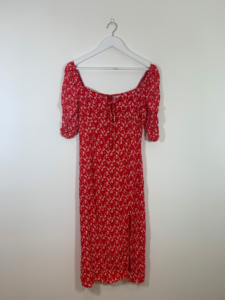 Red Floral Midi Dress with Square Neck ...